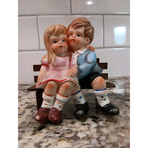Vintage Ceramic Figurine Boy Girl Sitting On Wood Bench So Adorable! Made Japan